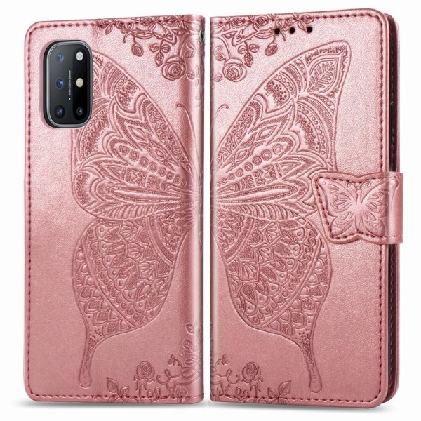 OnePlus 8T Pung-etui PU-læder 4-LOMMES Motiv Butterfly Pink gold