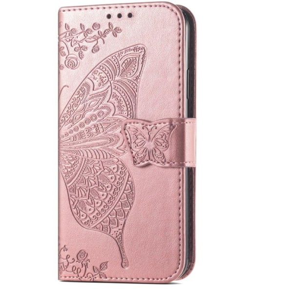 OnePlus 8 Pro lommebokveske PU skinn 4-LOMMER Motiv Butterfly Pink gold