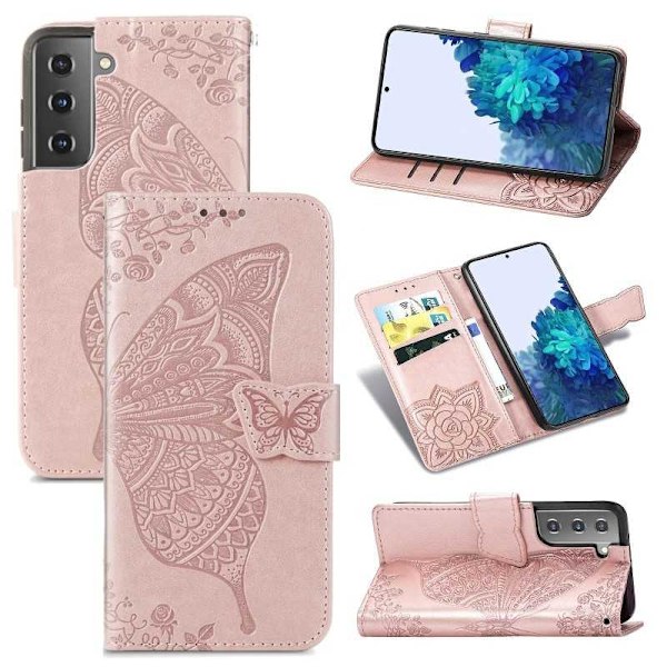 Samsung S22 Plus Plånboksfodral PU-Läder 4-FACK Motiv Fjäril Rosenguld