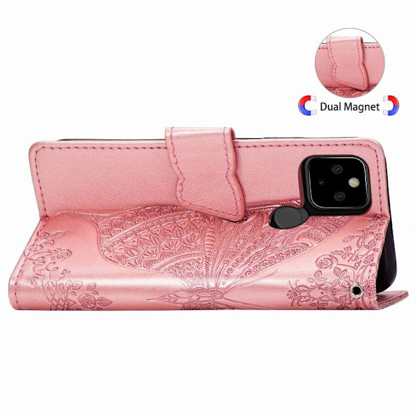 Google Pixel 5 Plånboksfodral PU-Läder 4-FACK Motiv Fjäril Rosa guld
