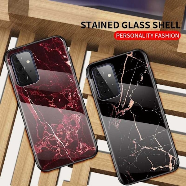 Samsung A72 5G Marble Shell 9H hærdet glasbagside Sort/guld glasbagside V2 Black