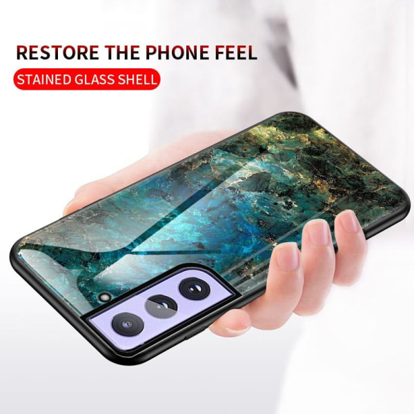 Samsung S21 Plus Marble Shell 9H karkaistu lasi tausta Glassback Black Svart/Guld