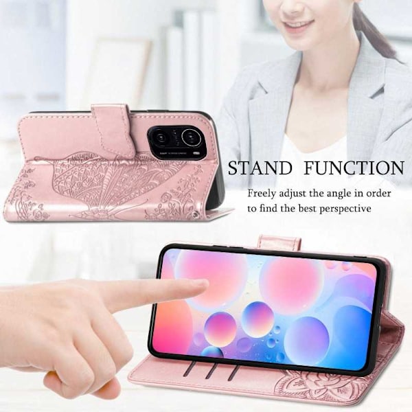 Xiaomi Mi 11i tegnebog etui PU læder 4-LOMMES motiv sommerfugl Pink gold