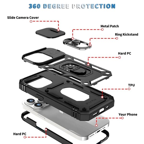 iPhone 14 Pro Max Hybridskal med Ringhållare & Kameraskydd - Svart