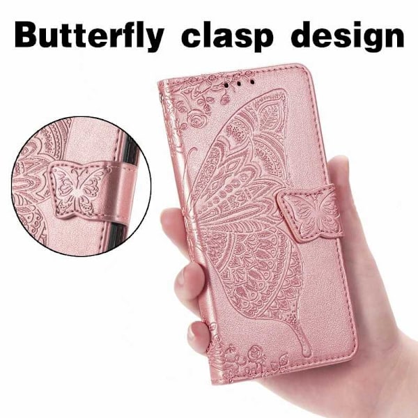 Samsung S22 Plånboksfodral PU-Läder 4-FACK Motiv Fjäril Rosenguld