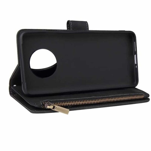 OnePlus 7T Multifunktionellt Plånboksfodral Zipper 8-Fack Svart