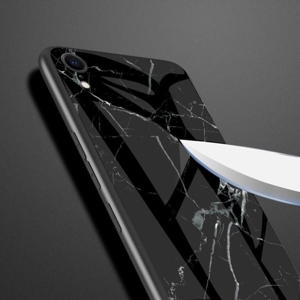 iPhone XR Marble Shell 9H karkaistu lasi tausta Glassback V2 Black Svart/Vit