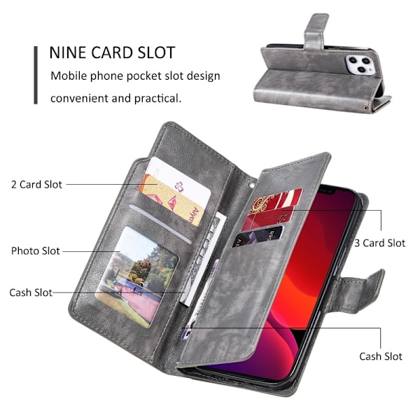 iPhone 12 / 12 Pro Praktisk Plånboksfodral med 12-Fack Array V4 - Grå