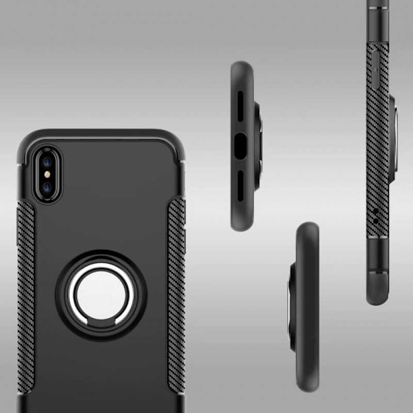 iPhone XS ja X Käytännöllinen iskunkestävä suojus sormustelineellä V2 Svart