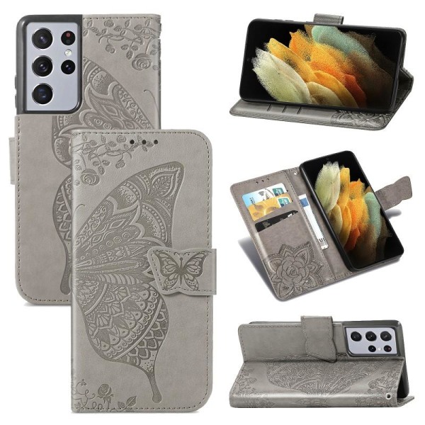 Samsung S21 Ultra Wallet Case PU-nahkainen 4-POCKET Motif Butterfly Lila