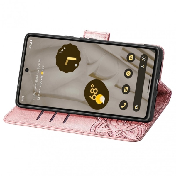 Google Pixel 7a Plånboksfodral PU-Läder 4-FACK Motiv Fjäril Rosa guld