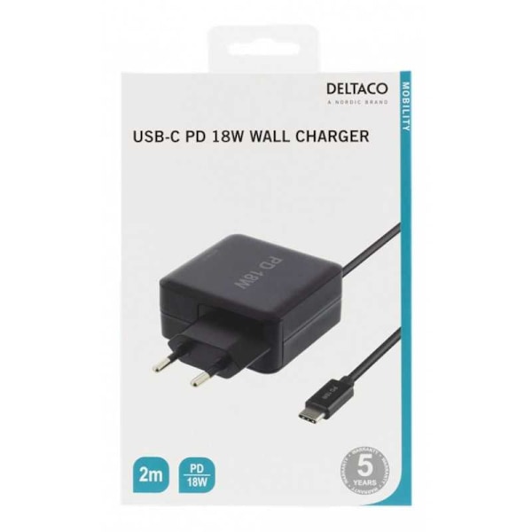 DELTACO 18W USB-C Laptop-oplader, PD 2.0, 3A Black