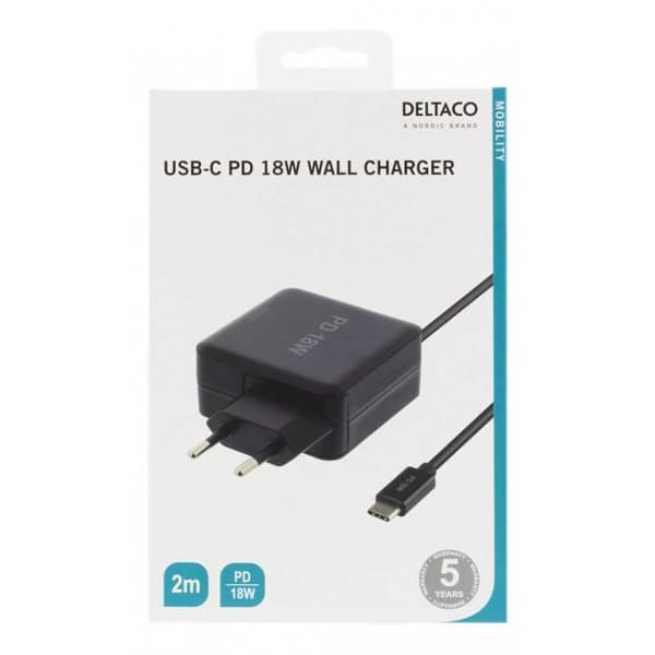 DELTACO 18W USB-C Laptopladdare, PD 2.0, 3A Svart
