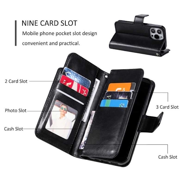 iPhone 14 Pro Praktisk tegnebogscover med 12-bakker Array V4 Black