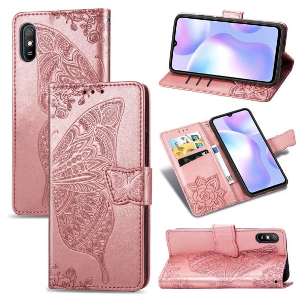 Xiaomi Redmi 9A Pung etui PU-læder 4-KOMPARTMENT Motiv Sommerfugl Pink gold