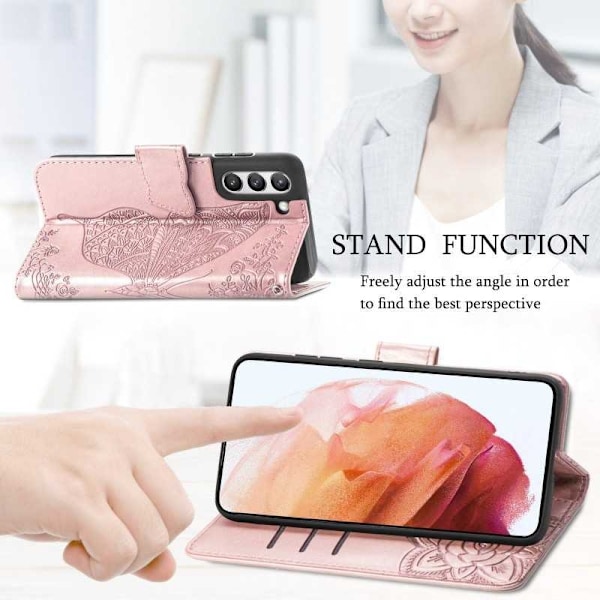 Samsung S21 FE Plånboksfodral PU-Läder 4-FACK Motiv Fjäril Rosenguld