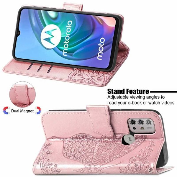 Motorola G10 & G30 Plånboksfodral PU-Läder 4-FACK Motiv Fjäril Rosa guld