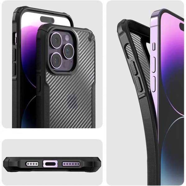 Iskunkestävä suojus läpinäkyvällä Carbon Design Legend iPhone 15 Plus:lla