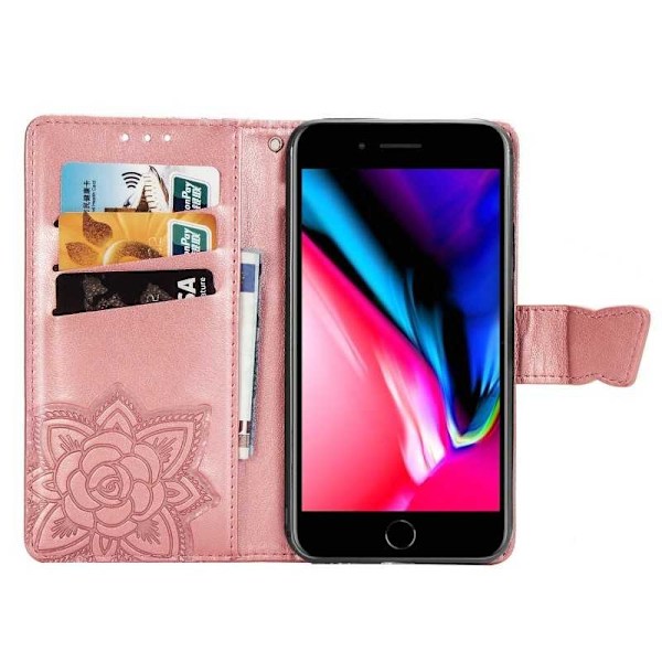 iPhone 7 Plus / 8 Plus -lompakkokotelo PU-nahkainen 4-POCKET Motif Butterfly Rosenguld