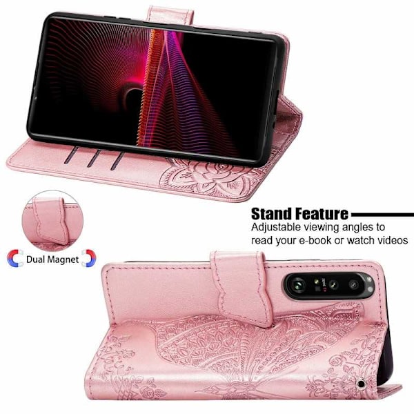 Xperia 1 III Plånboksfodral PU-Läder 4-FACK Motiv Fjäril Rosa guld