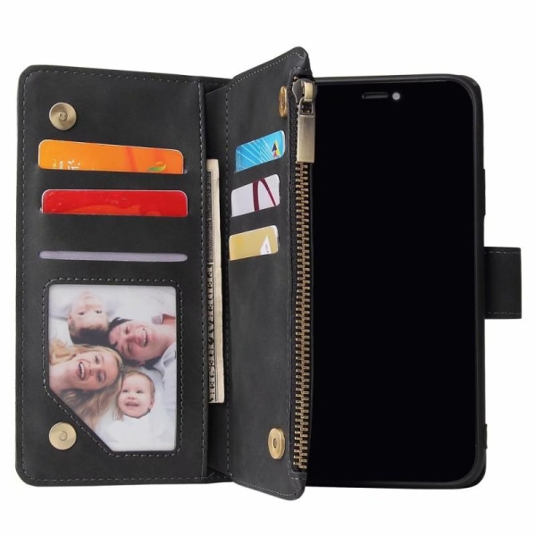 iPhone XR multifunksjonelt lommebokveske glidelås 8-lomme Black