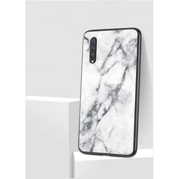Samsung A7 2018 Marble Shell 9H hærdet glas bagside glas bagside Black Svart/Vit