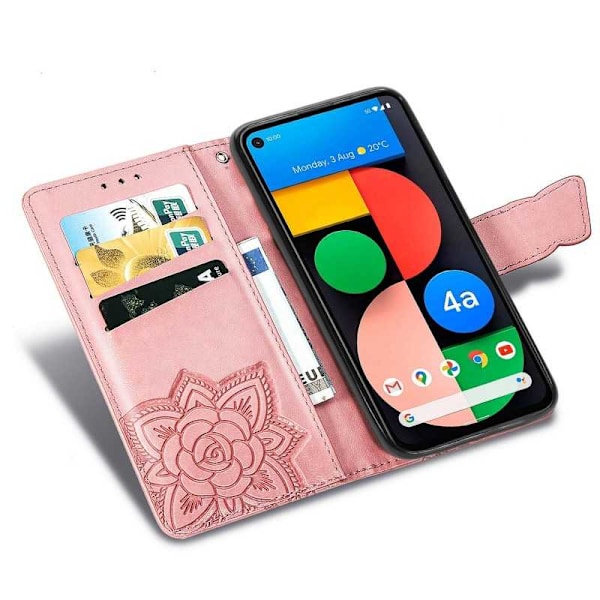 Google Pixel 4a 5G Wallet Case PU Læder 4-BAG Motiv Butterfly Pink gold