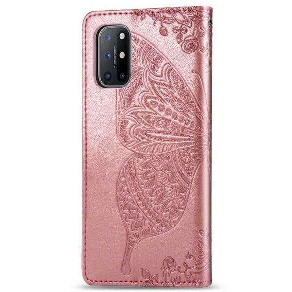 OnePlus 8T Plånboksfodral PU-Läder 4-FACK Motiv Fjäril Rosa guld
