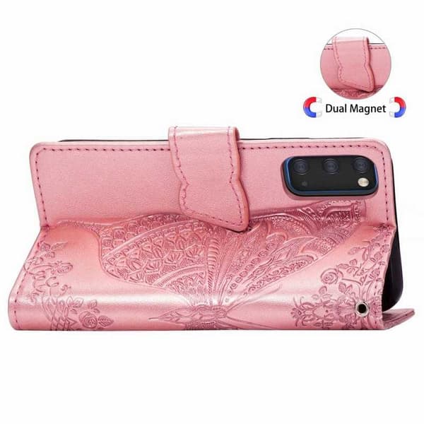 Samsung S20 FE lompakkokotelo PU-nahkainen 4-TASKUN perhoskuvio Rosenguld