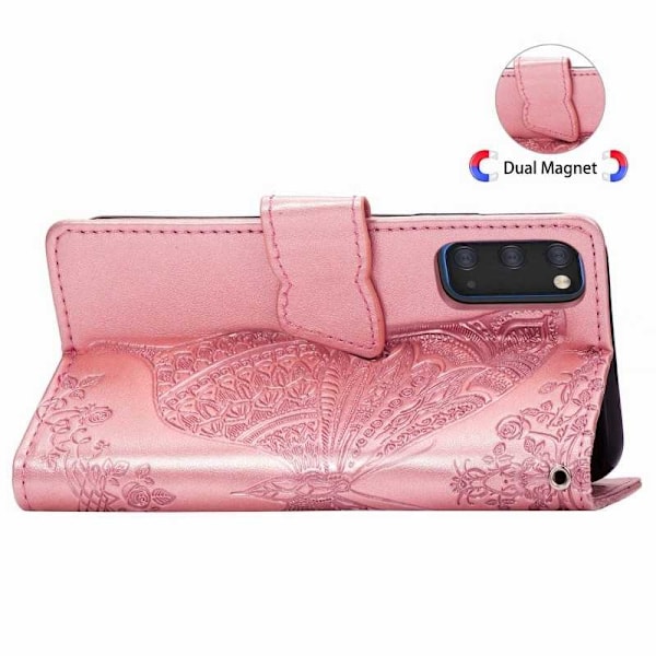 Samsung S20 FE Plånboksfodral PU-Läder 4-FACK Motiv Fjäril Rosenguld