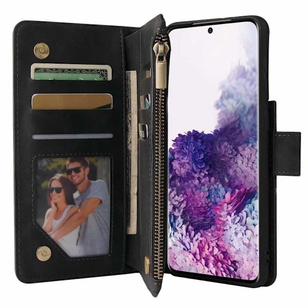 Samsung S21 Plus Multifunktionellt Plånboksfodral Zipper 8-Fack Svart