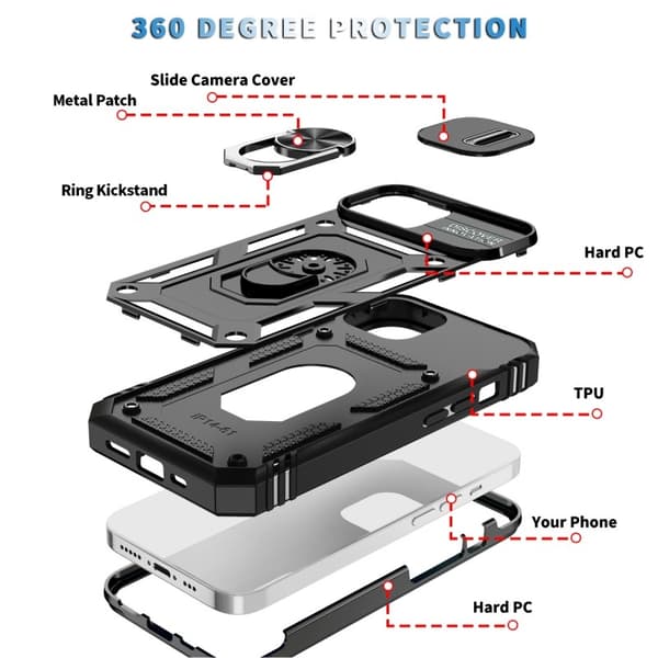 iPhone 15 Hybridskal med Ringhållare & Kameraskydd - Svart