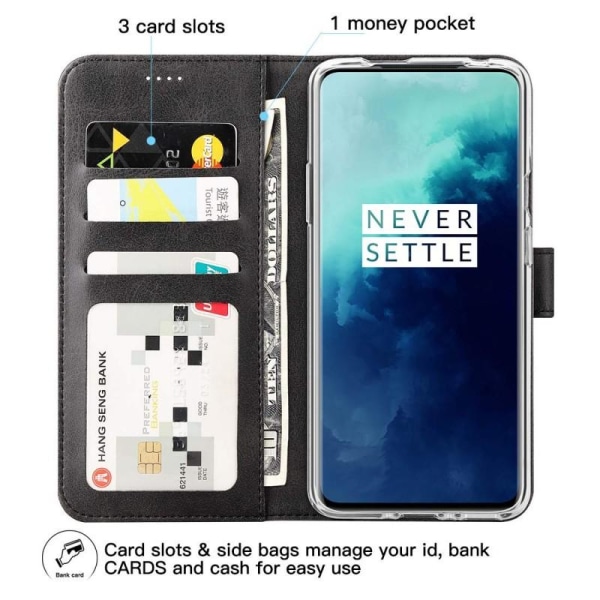 OnePlus 7T Pro -lompakkokotelo, PU-nahkainen 4-tasku Black