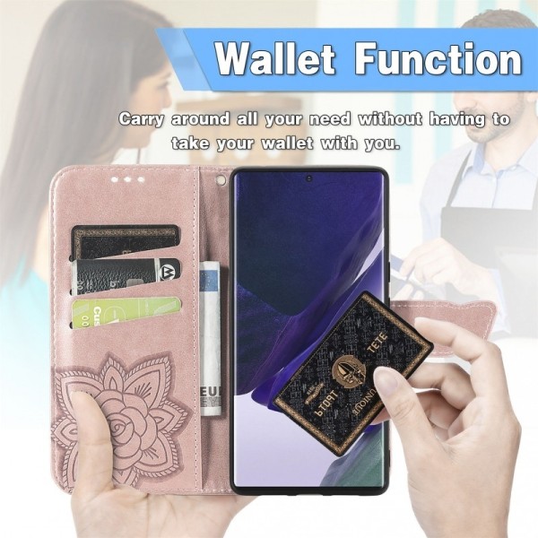 Samsung S23 Ultra Plånboksfodral PU-Läder 4-FACK Motiv Fjäril Rosa guld