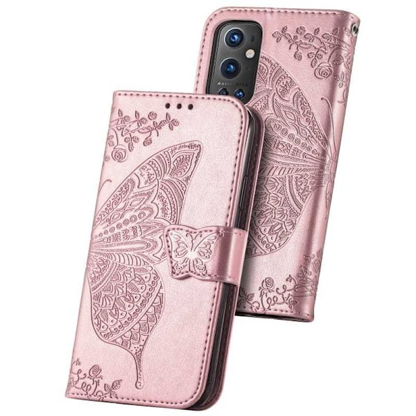 OnePlus 9 Pro Plånboksfodral PU-Läder 4-FACK Motiv Fjäril Rosa guld