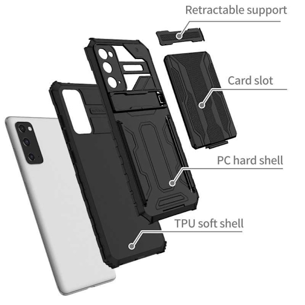 Samsung S20 FE Iskunkestävä kansi Jalusta ja korttipaikka ThinArmor V3 Black