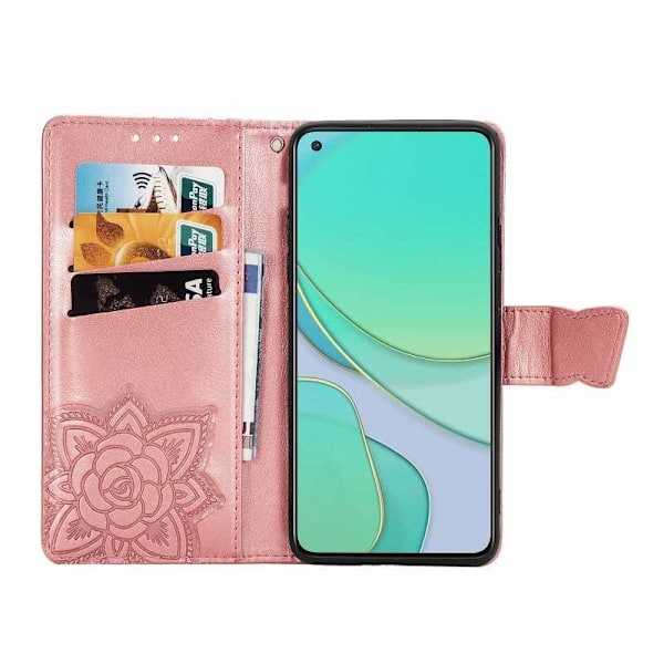 OnePlus 8T Plånboksfodral PU-Läder 4-FACK Motiv Fjäril Rosa guld