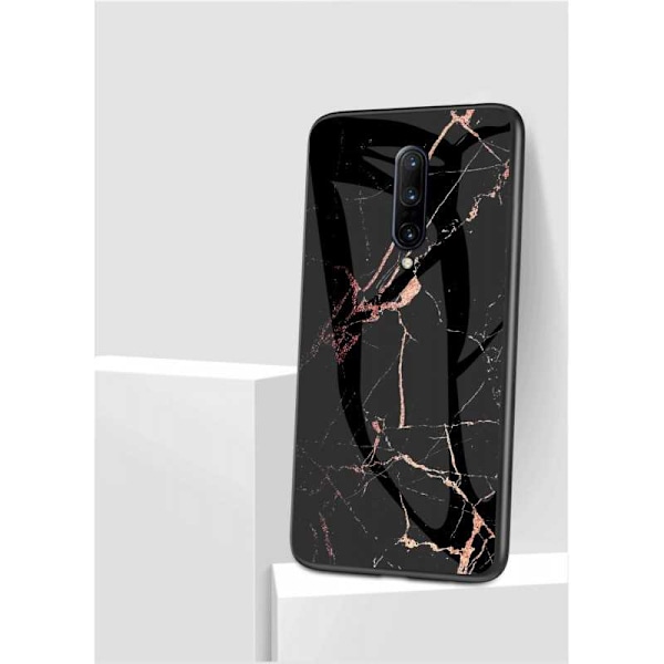 OnePlus 7 Pro Marble Shell 9H hærdet glas bagside glas bagside V2 Black Svart/Vit