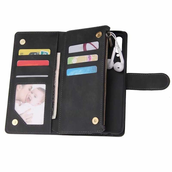 Samsung A20s Multifunktionellt Plånboksfodral Zipper 8-Fack Svart