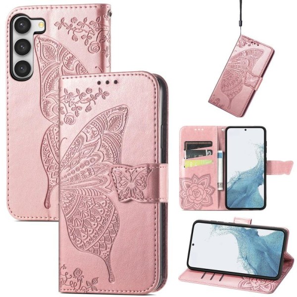 Samsung S23 lommebokveske PU skinn 4-LOMMER Motiv Butterfly Pink gold