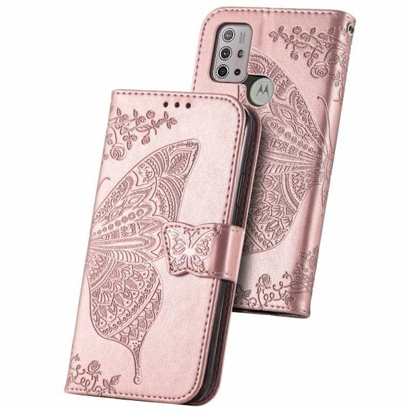 Motorola G30 Pung Etui PU Læder 4-LOMMES Butterfly Motiv Pink gold