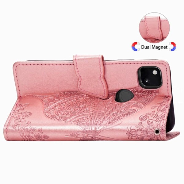 Google Pixel 4a 4G lommebokveske PU skinn 4-LOMMER Motiv Butterfly Pink gold