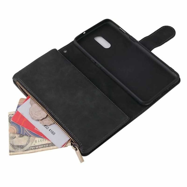 OnePlus 7 Multifunktionellt Plånboksfodral Zipper 8-Fack Svart