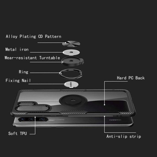 Huawei P30 Praktisk Stöttåligt Skal med Ringhållare V4 Svart