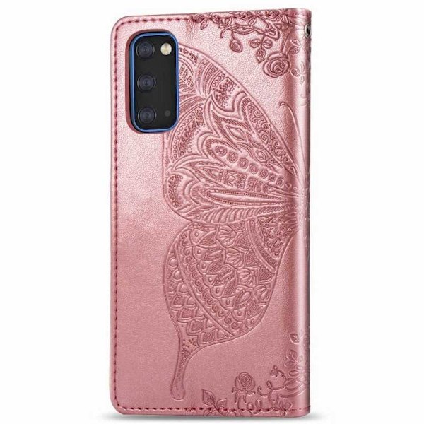 Samsung S20 FE Plånboksfodral PU-Läder 4-FACK Motiv Fjäril Rosenguld
