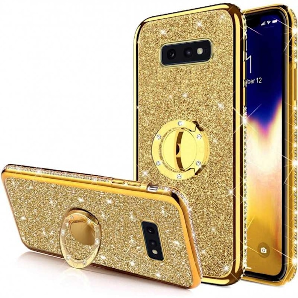 Samsung S10e Iskunvaimentimen suojus sormustelineellä tekojalokivillä Rosenguld