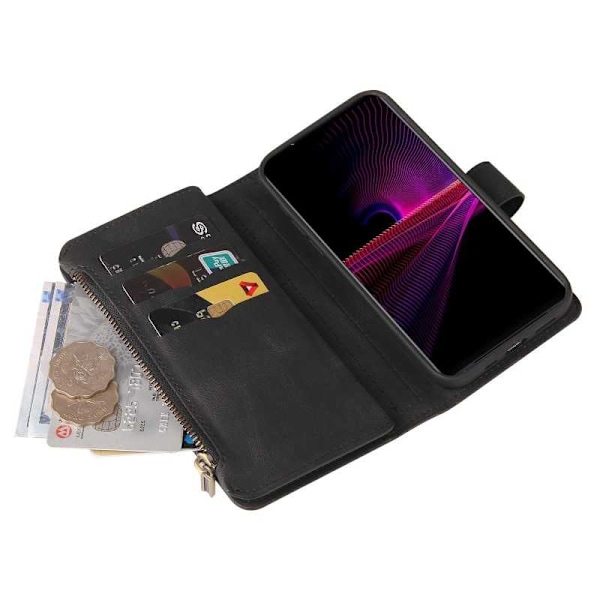 Xperia 1 III Multifunktionellt Plånboksfodral Zip 13-Fack Svart