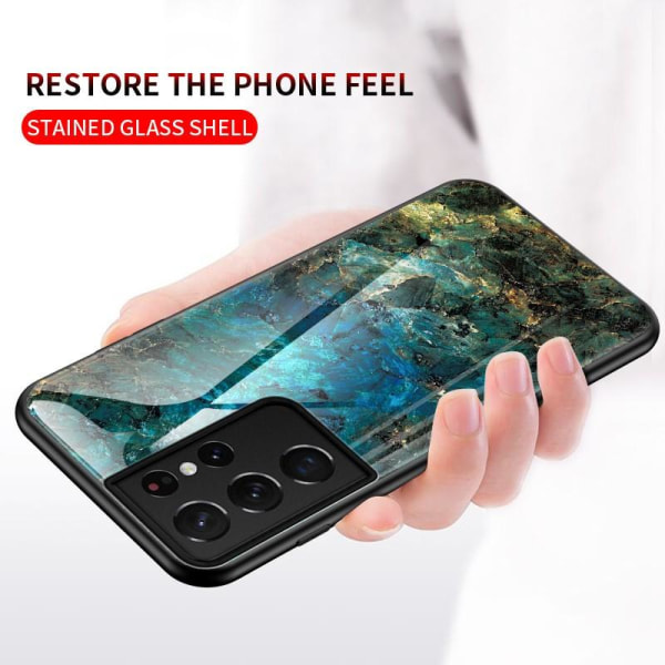 Samsung S21 Ultra Marble Shell 9H hærdet glas bagside glas bagsi Green Emerald Green