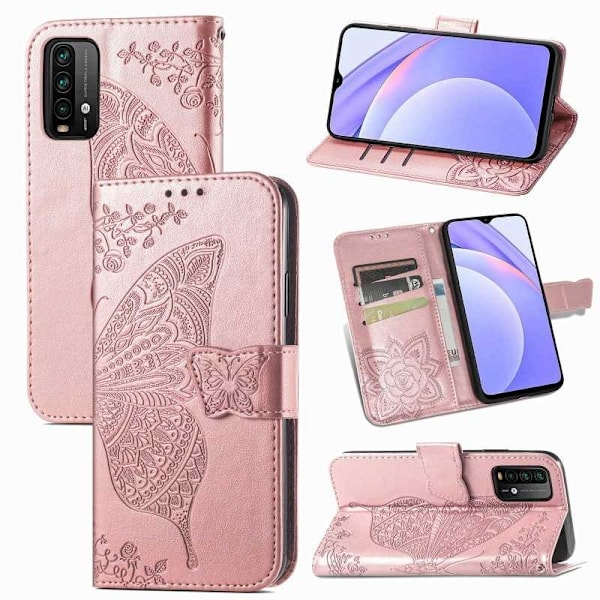Xiaomi Redmi Note 9 Plånboksfodral PU-Läder 4-FACK Motiv Fjäril Rosa guld