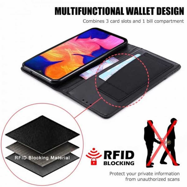 Samsung A10 tyylikäs PU-nahkakotelo RFID-estolla Black